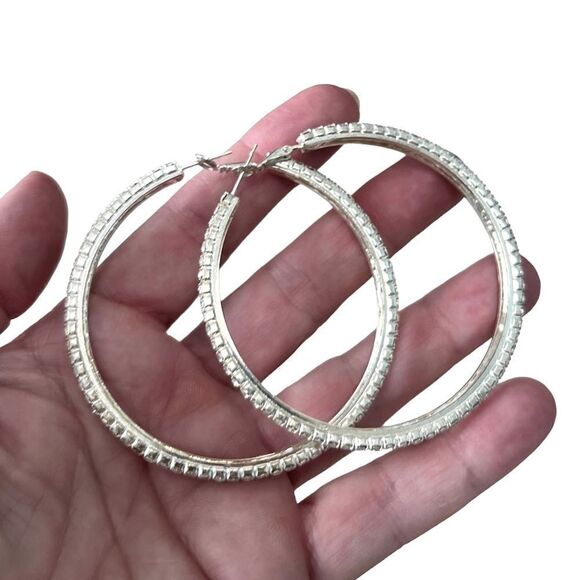 Double Oversized Rhinestone 2.5” Hoop Earrings Silver tone - Picture 5 of 9